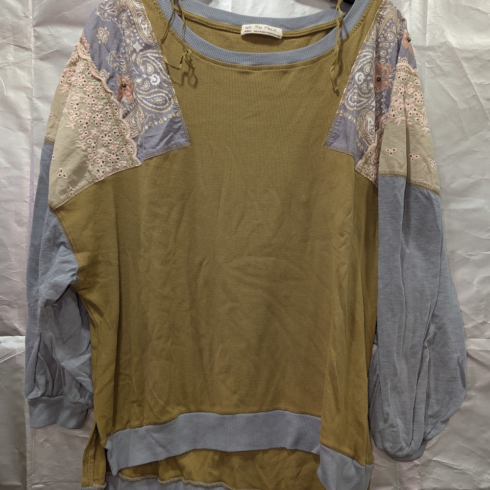 We The Free Olive and Gray Embroidered Sweatshirt